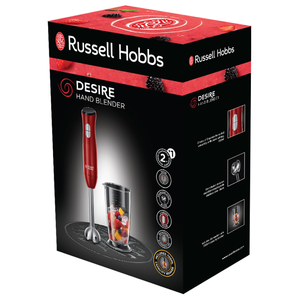 Confezione di un minipimer rosso Russell Hobbs con accessori e immagini di bacche.