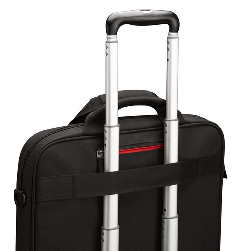 Schwarze Laptoptasche mit Teleskopgriff auf weißem Hintergrund.