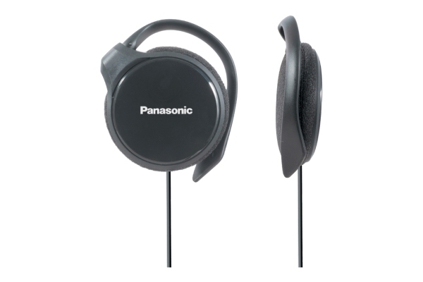 Zwei Ansichten schwarzer Panasonic-Bügelkopfhörer mit herabhängendem Kabel vor weißem Hintergrund.