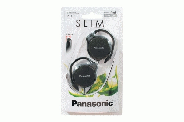 Panasonic Slim Clip-On-Kopfhörer in Originalverpackung mit schwarzen Ohrhörern und grünen Blattgrafiken.