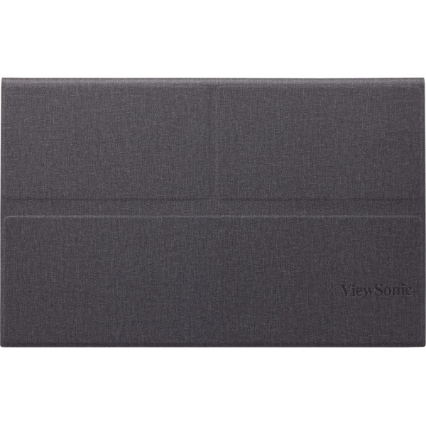 Una funda para tablet plegable gris oscura texturizada con el logotipo de ViewSonic.