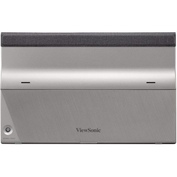 Un proyector ViewSonic plateado con parte superior de tela gris oscura y botón de encendido.