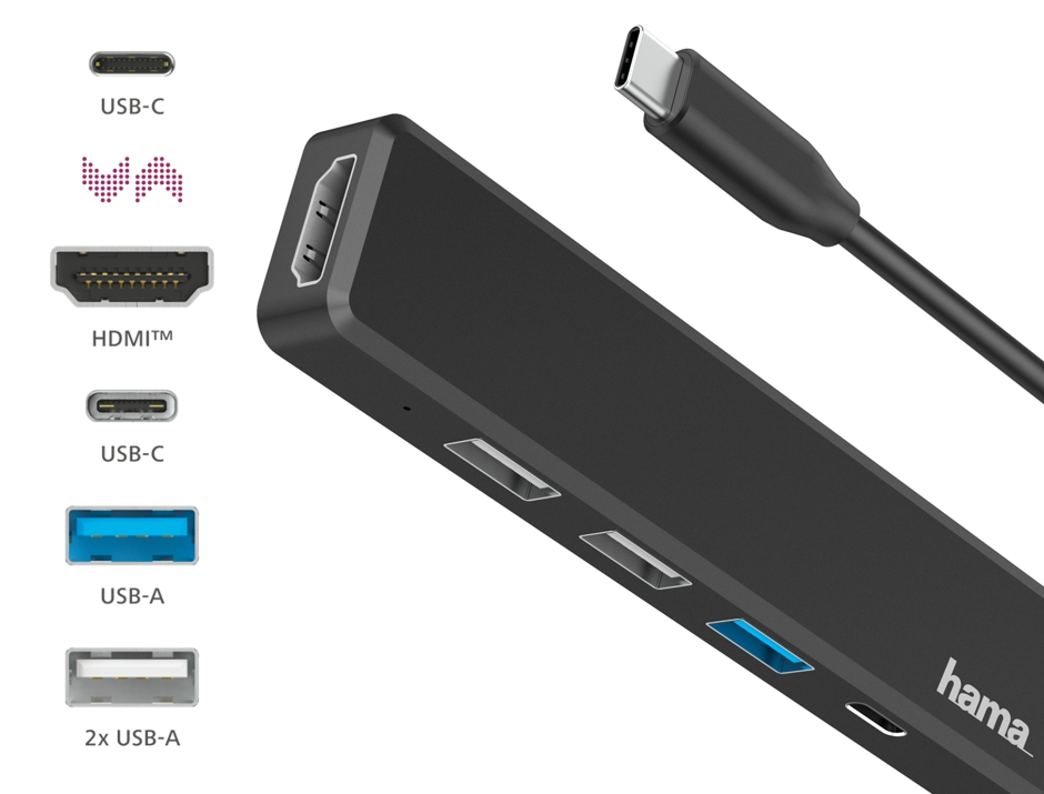 Hub USB-C noir avec plusieurs ports et un câble attaché sur fond blanc.