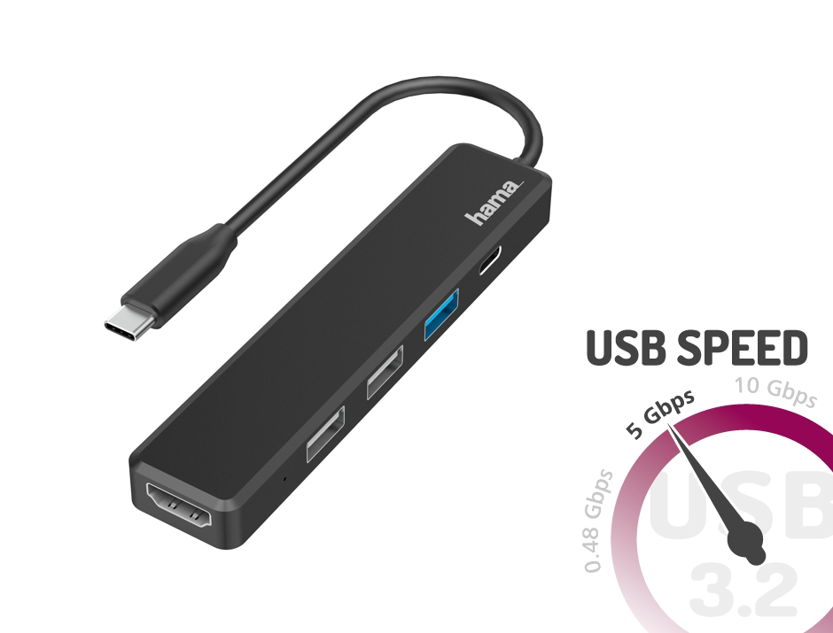 Un hub USB-C Hama noir avec plusieurs ports, un câble connecté et un indicateur graphique USB Speed 3.2 5Gbps.