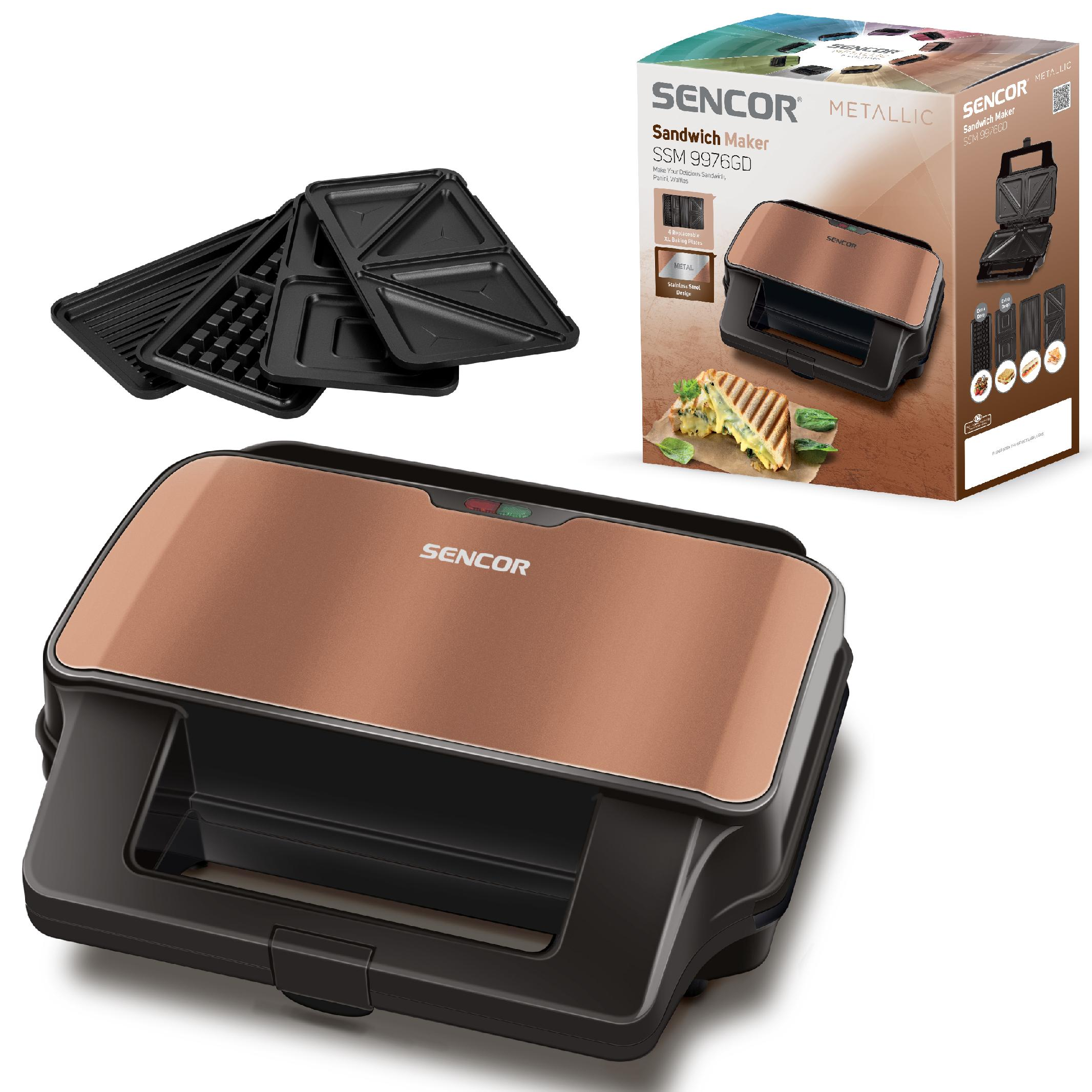 Sandwichera Sencor en cobre y negro con placas intercambiables y su caja de embalaje original.