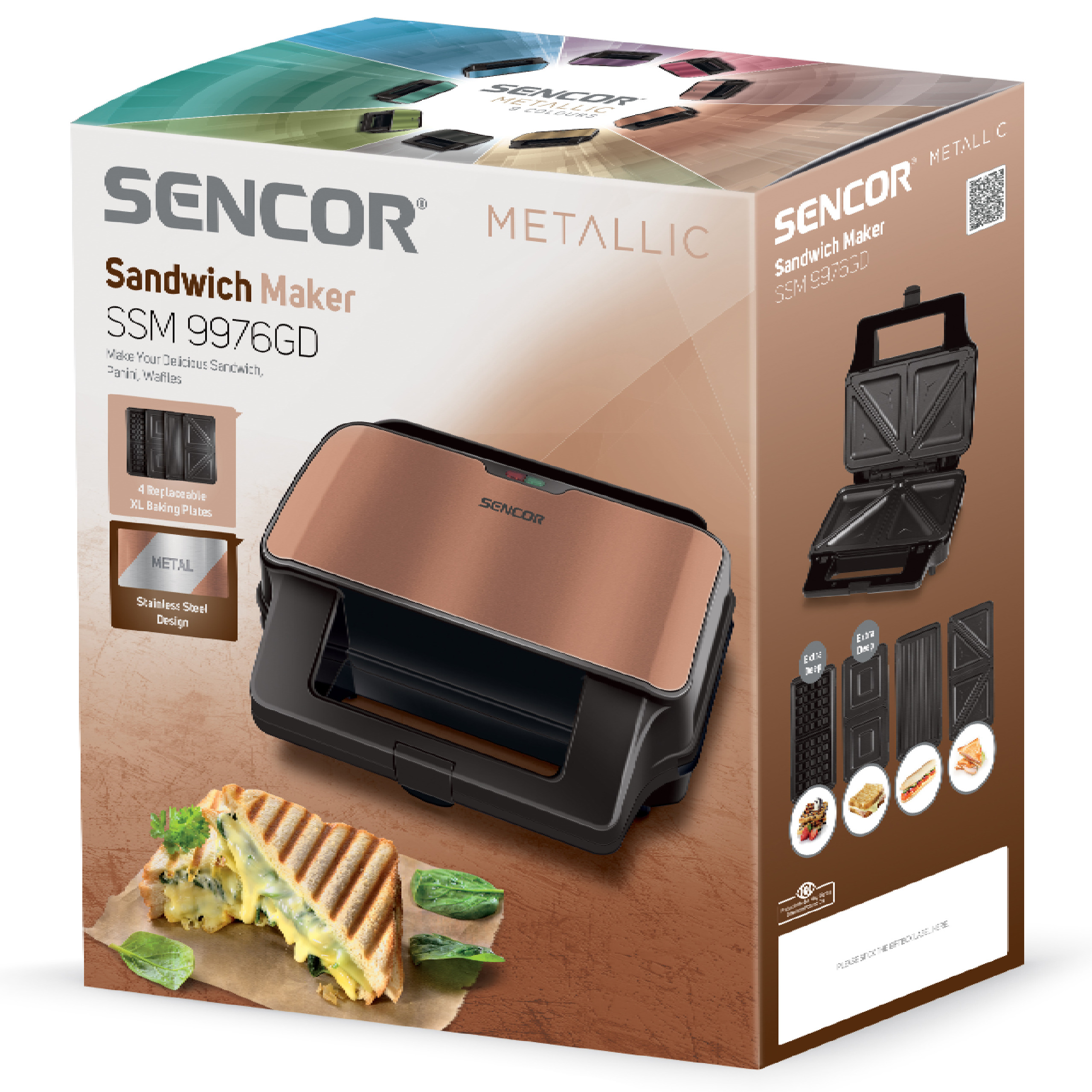 Embalaje del producto de una sandwichera Sencor en oro rosa con un sándwich terminado.