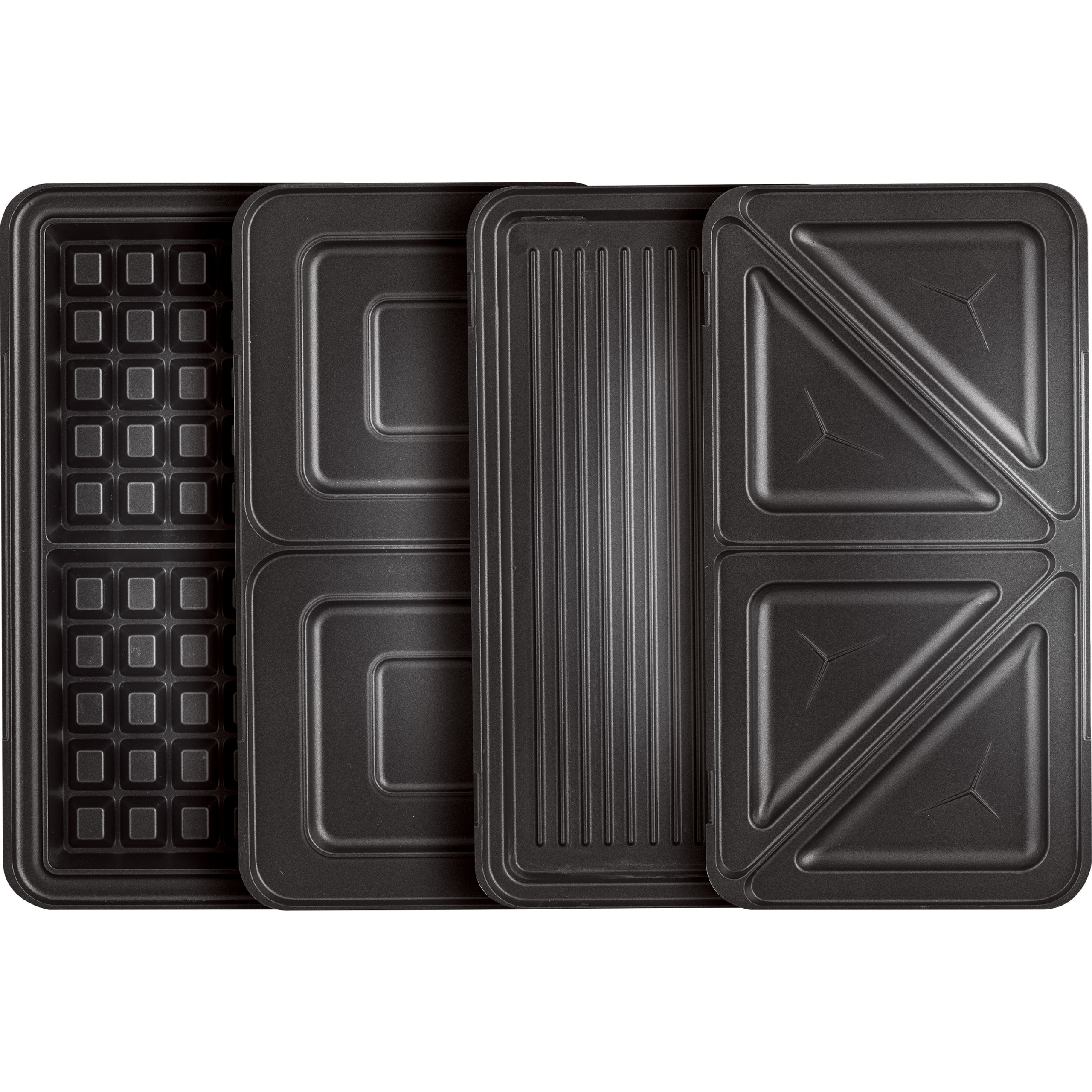 Cuatro placas negras intercambiables para gofres y parrilla con varios patrones sobre fondo blanco.