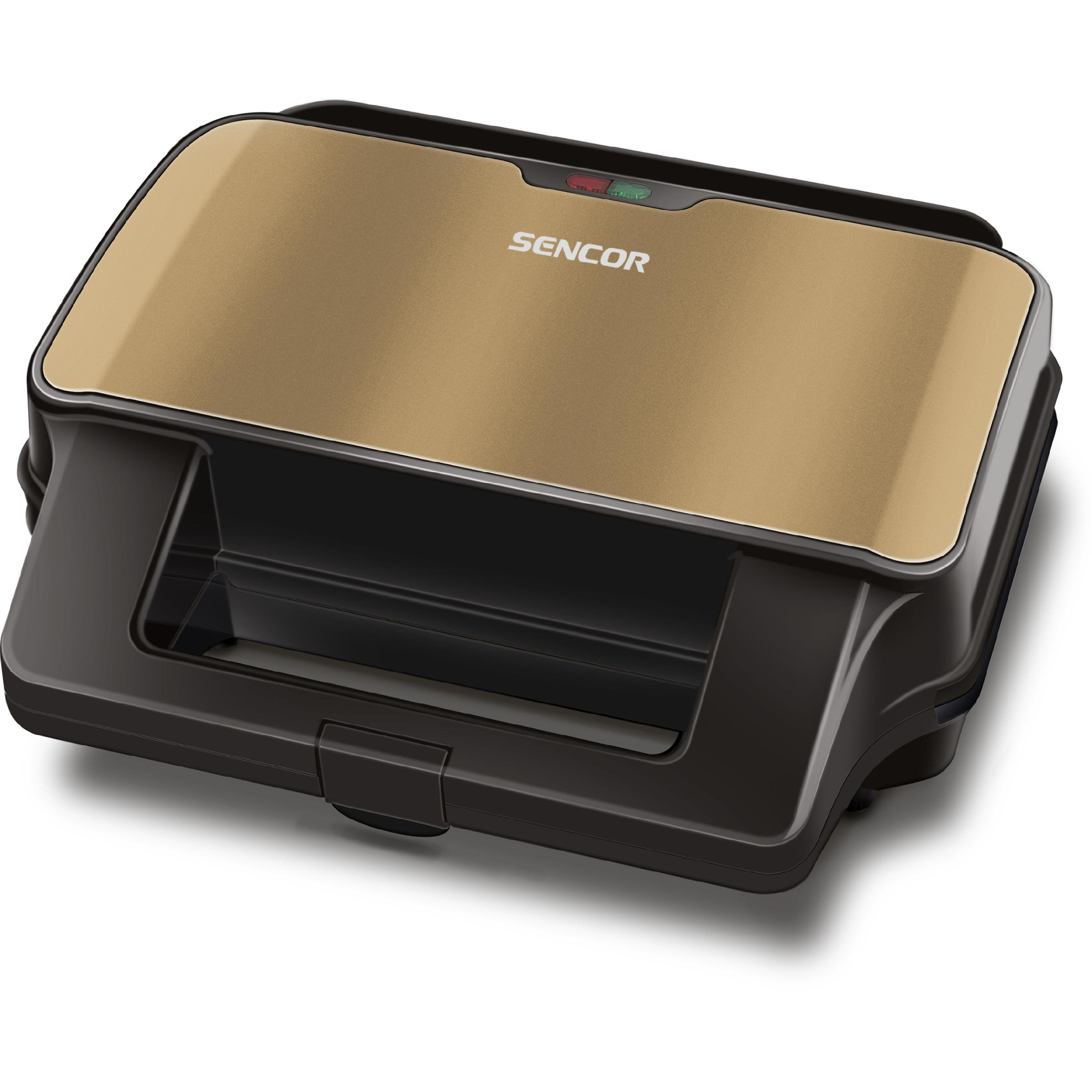 Ein geschlossener schwarz-goldener Sencor Sandwichtoaster mit integrierten Leuchtanzeigen auf weißem Hintergrund.