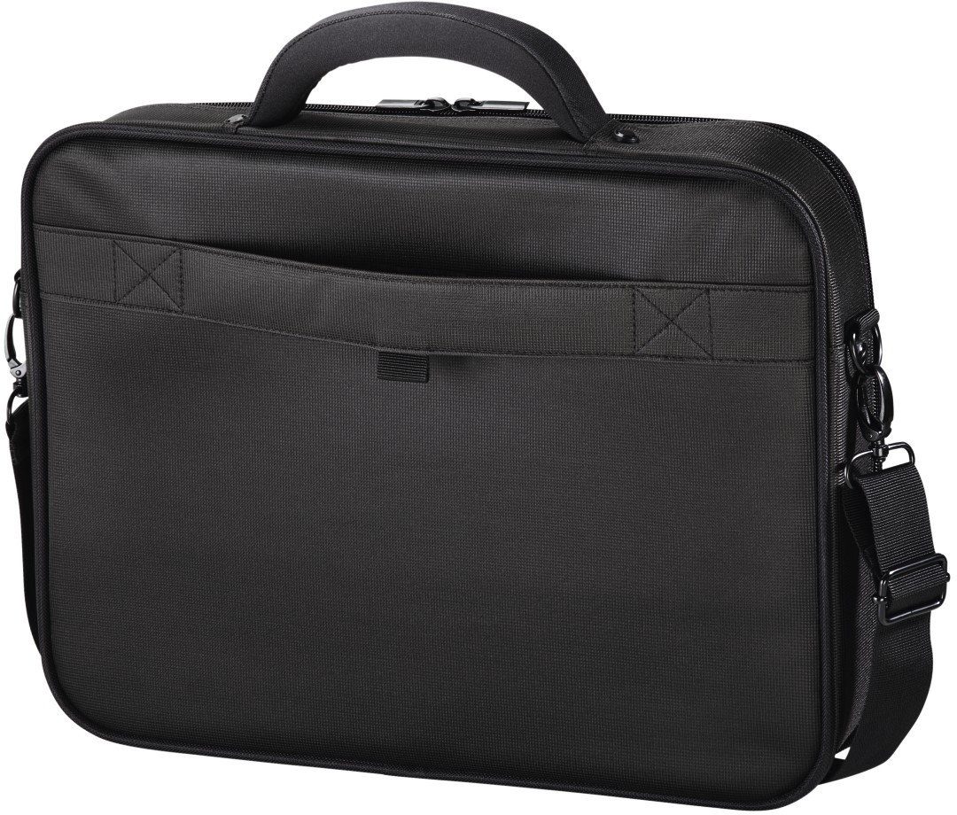 Borsa porta PC nera con manico superiore, scomparti con zip e tracolla regolabile su sfondo bianco.