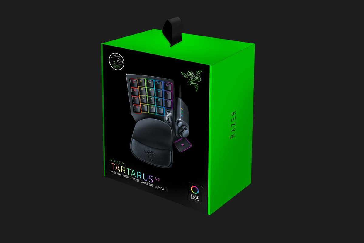 Grüne Razer Tartarus V2 Gaming-Keypad Box mit Produktbild und Logo auf schwarzem Hintergrund.