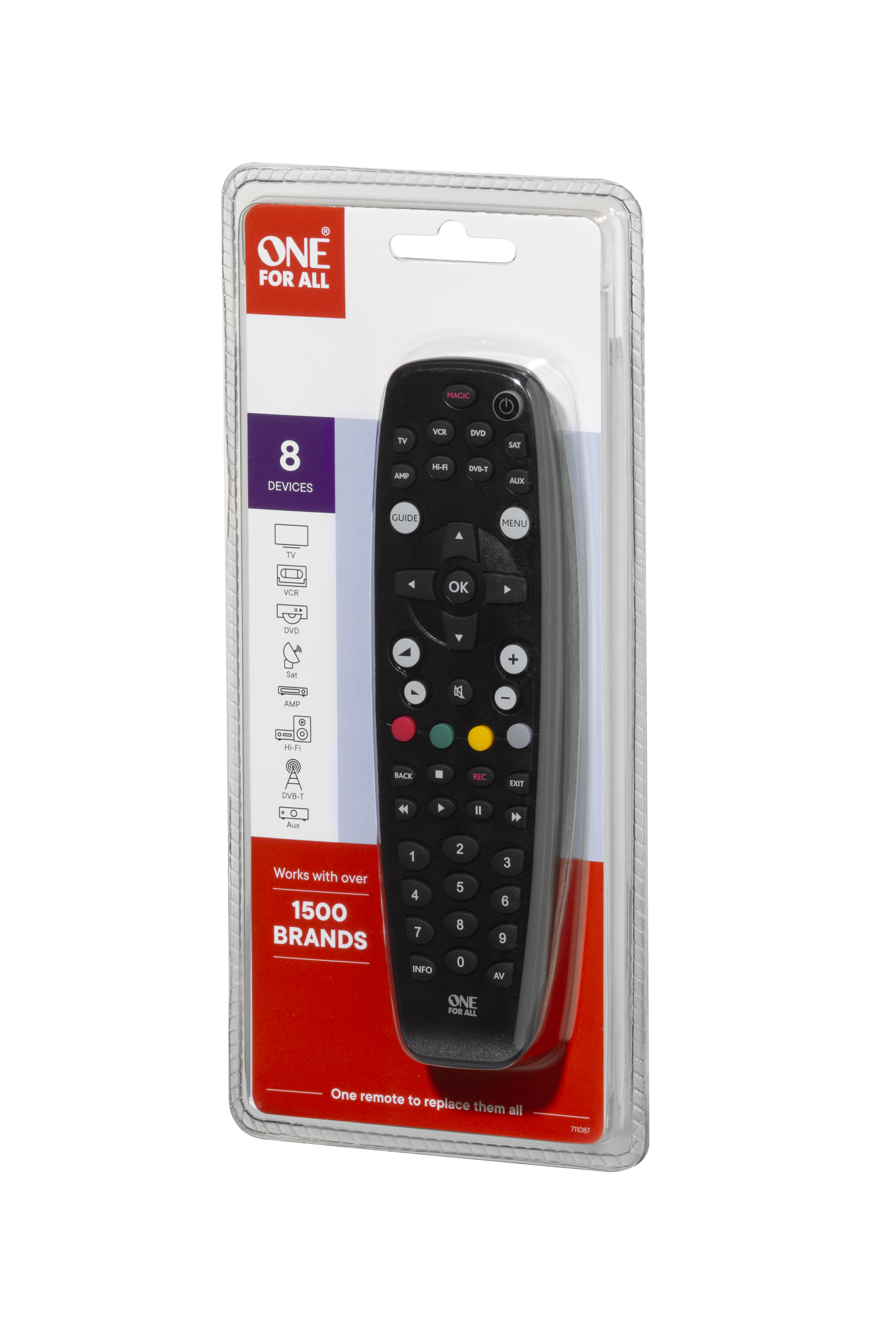 Eine One For All Universalfernbedienung in ungeöffneter Blisterverpackung auf weißem Hintergrund.