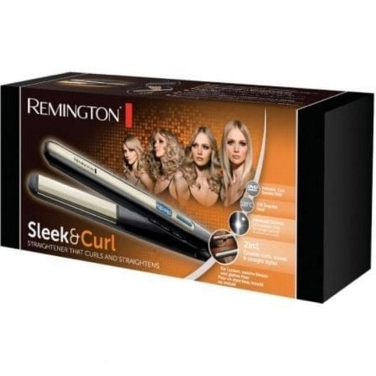 Caja de producto de una plancha de pelo Remington Sleek and Curl con cuatro mujeres de fondo.