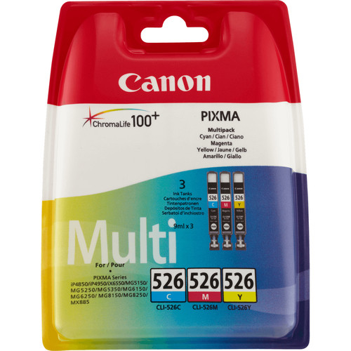 Verpackung von Canon Multipack 526 Tintenpatronen in Zyan, Magenta und Gelb auf weißem Hintergrund.