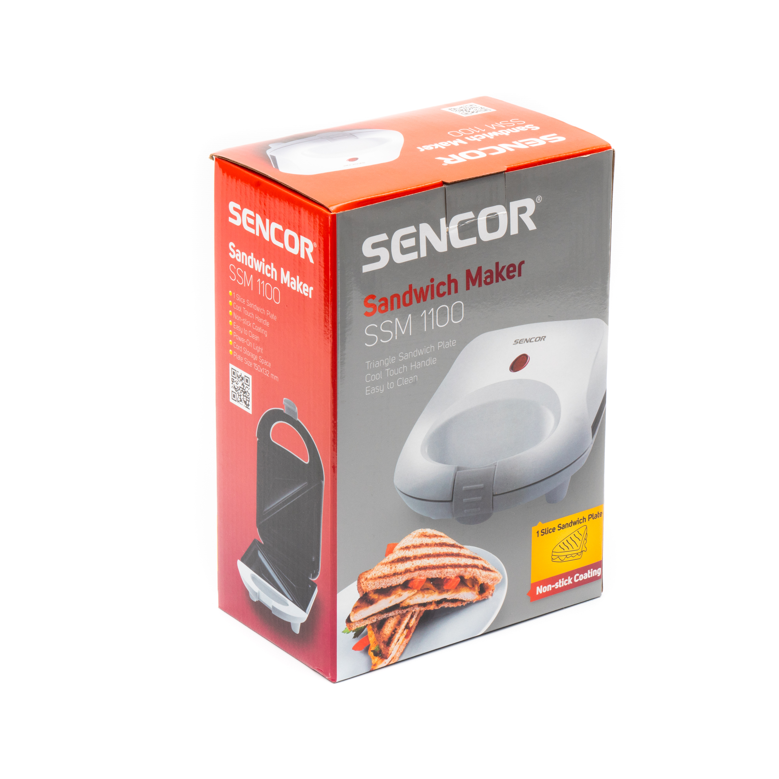 Confezione del prodotto per una piastra per panini bianca Sencor SSM 1100 con l'immagine di un toast.