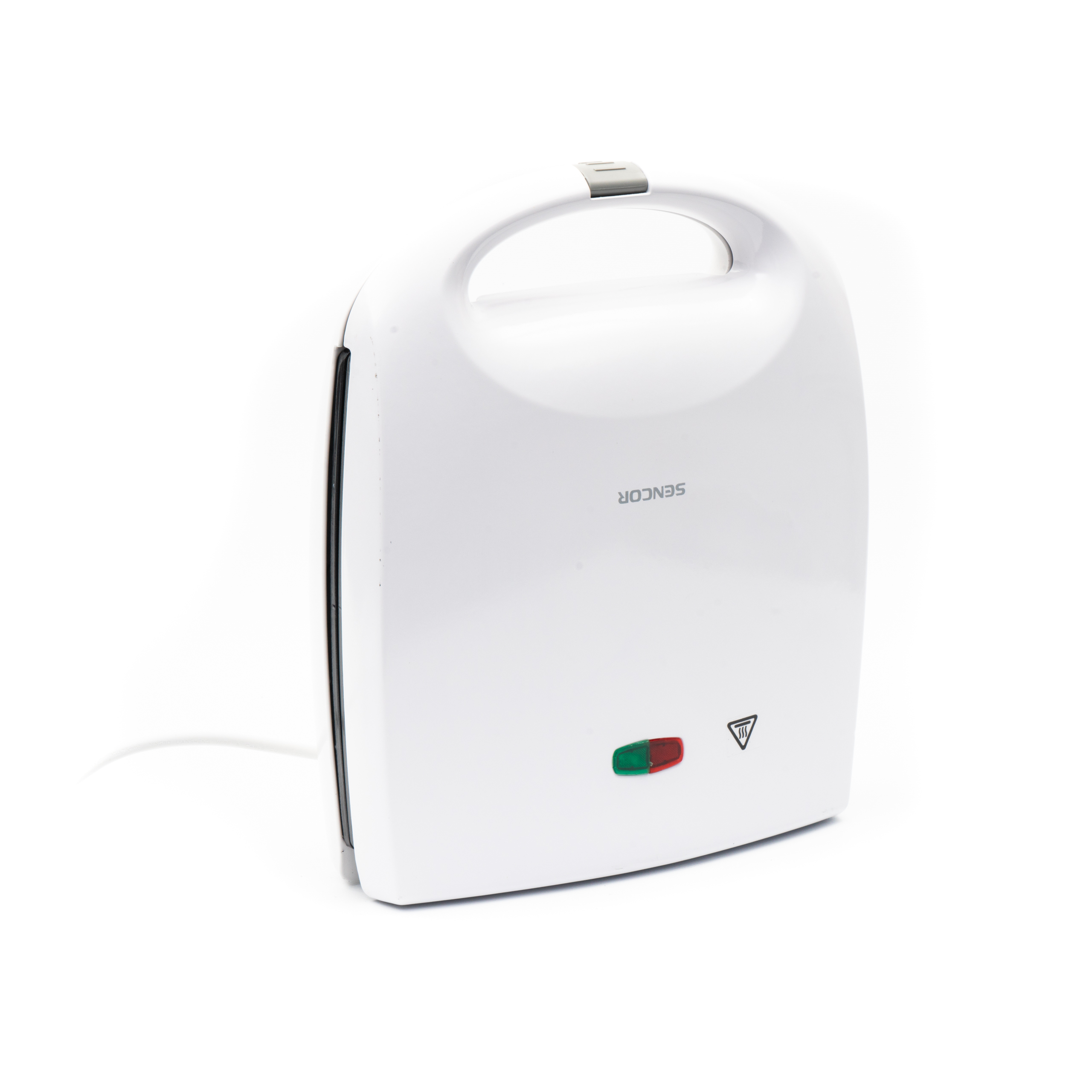 Una piastra per panini bianca si trova su una superficie bianca con due spie luminose.