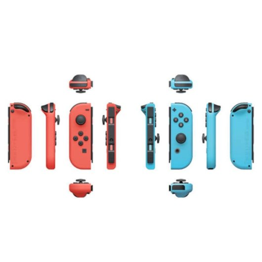 Rote und blaue Nintendo Switch Joy-Con Controller aus verschiedenen Winkeln.