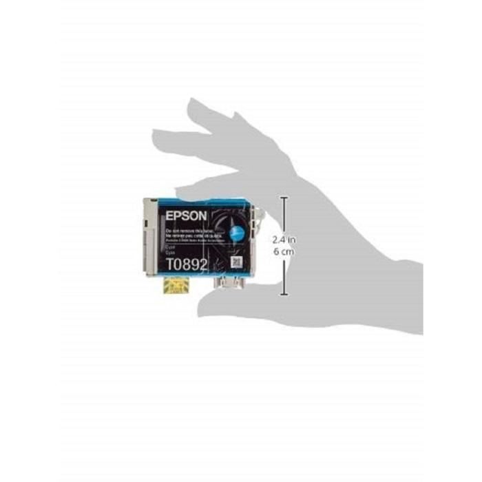 Eine graue Hand hält eine kleine blaue Epson Tintenpatrone T0892 mit Größenangabe von 2,4 Zoll.