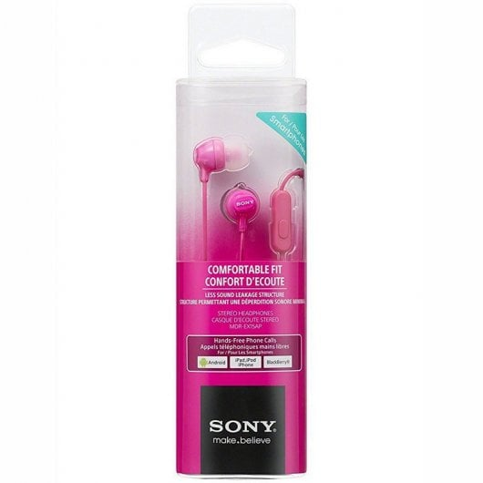 Rosa Sony In-Ear-Stereokopfhörer in einer klaren Kunststoff- und rosafarbenen Verpackung.