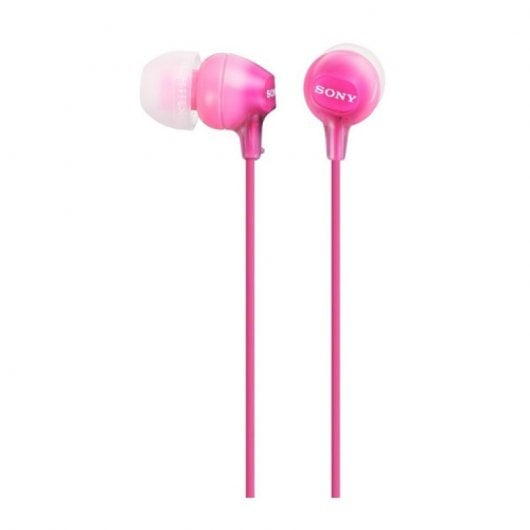 Ein Paar pinke Sony In-Ear-Kopfhörer mit Kabel vor weißem Hintergrund.