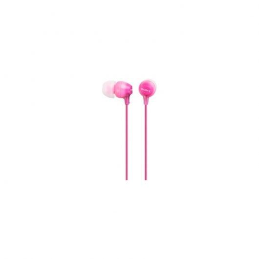 Ein Paar leuchtend rosa In-Ear-Kopfhörer mit Kabel vor weißem Hintergrund.