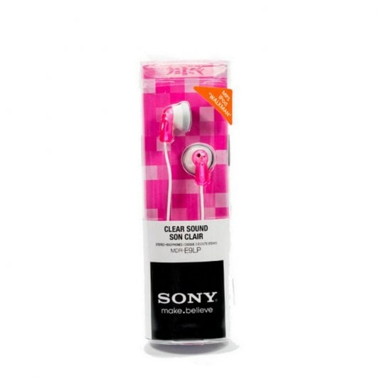Auricolari in-ear rosa Sony MDR-E9LP nella confezione originale su sfondo bianco.