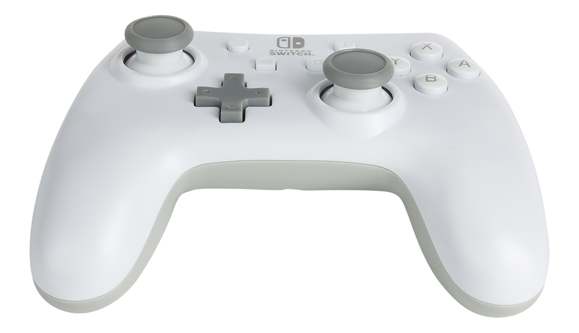 Un mando blanco y gris de Nintendo Switch Pro sobre fondo blanco.