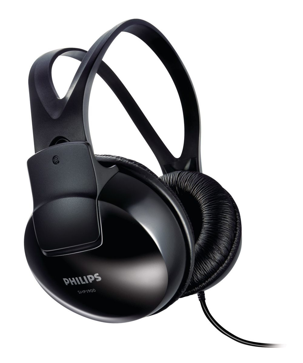 Auriculares con cable Philips SHP1900 negros con almohadillas suaves sobre fondo blanco.