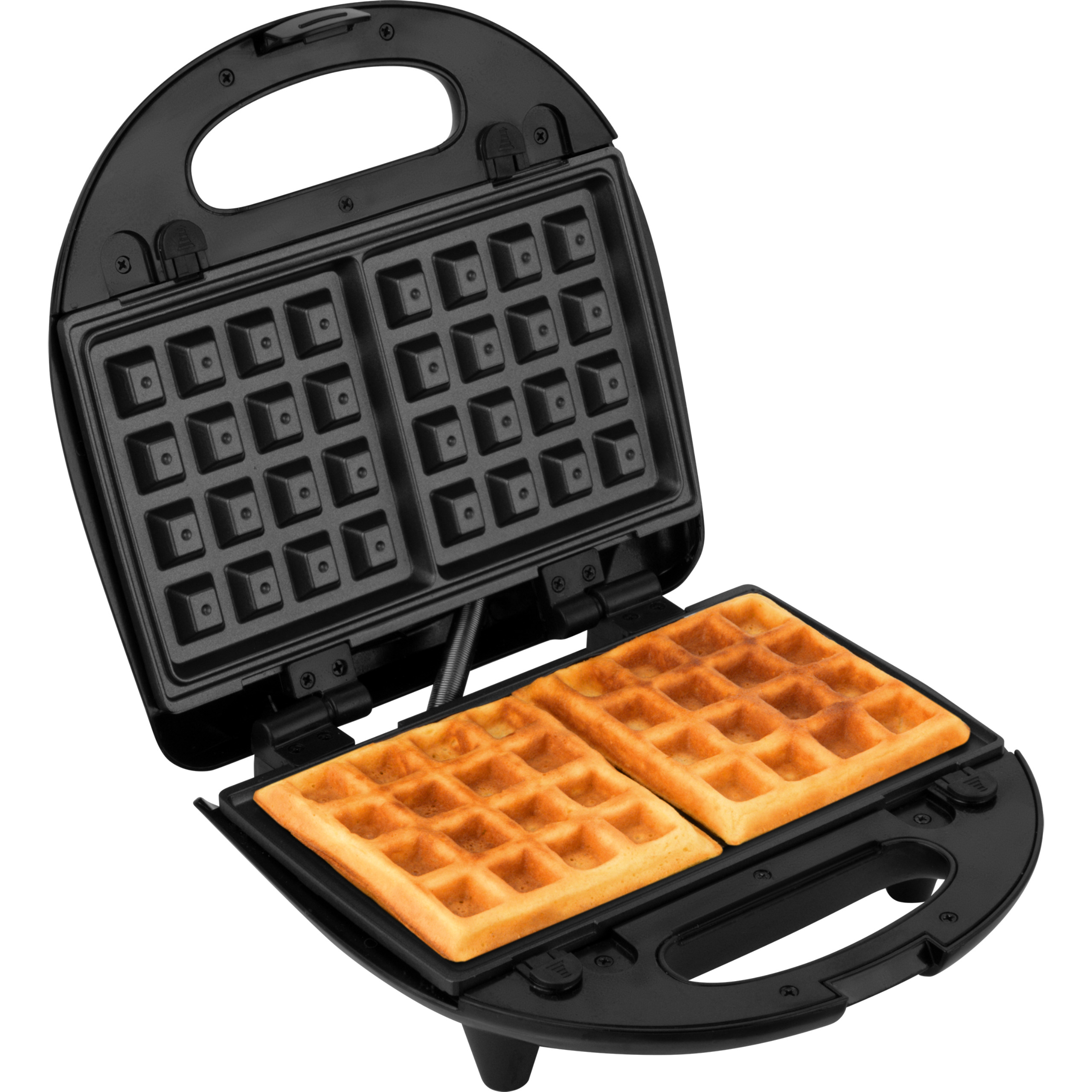 Ein offener, schwarzer Waffelautomat mit zwei frisch gebackenen, goldbraunen Waffeln.