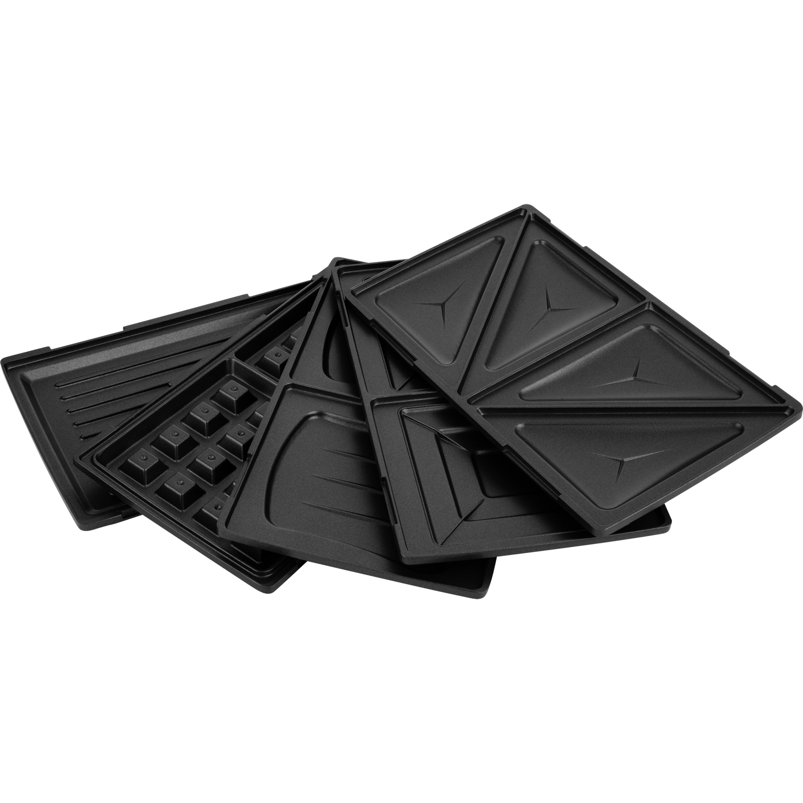 Fünf schwarze, austauschbare Platten für Waffeln, Sandwiches und Grillgut liegen fächerartig auf weißem Hintergrund.