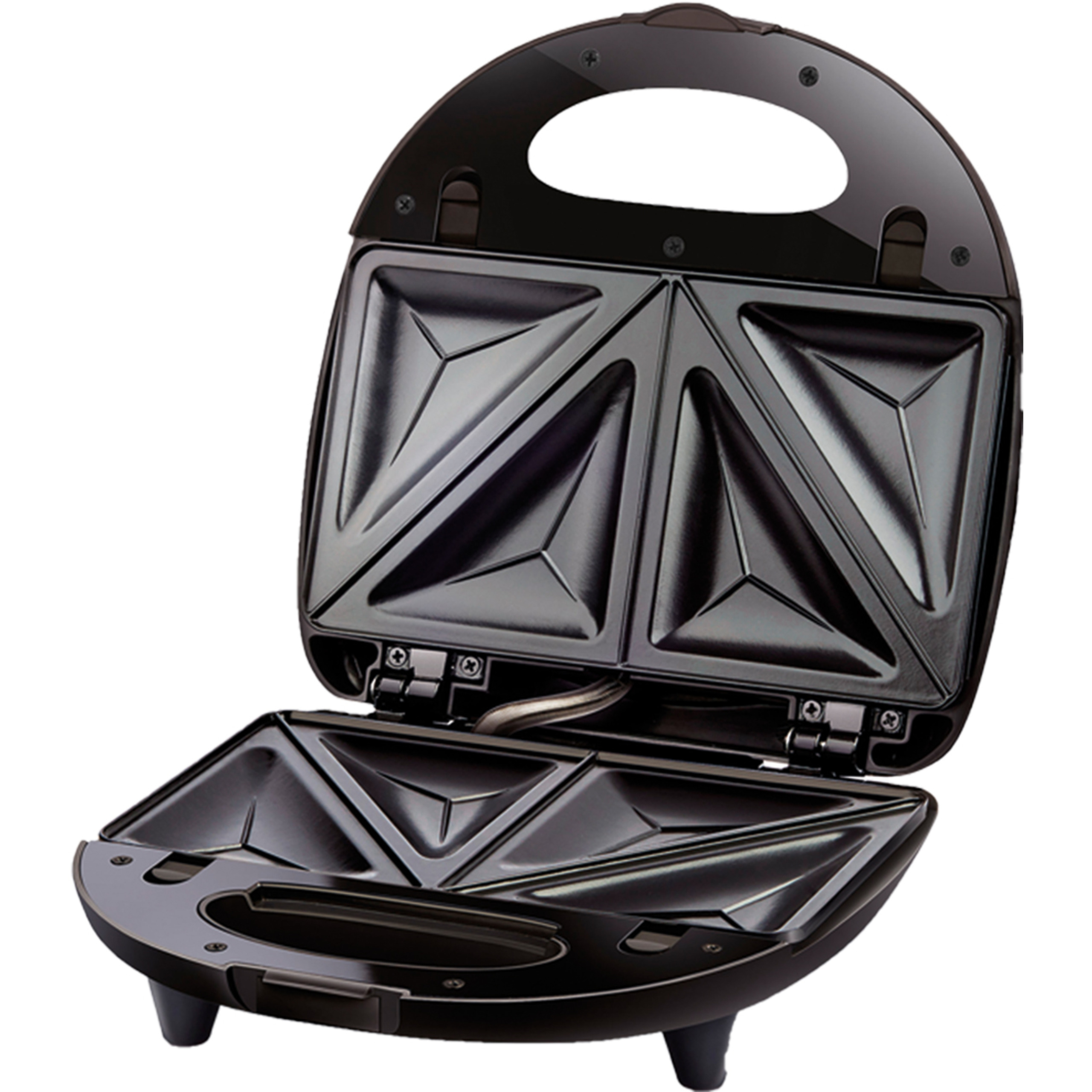Ein schwarzer Sandwichmaker mit geöffnetem Deckel, der triangleförmige Röstplatten zeigt.