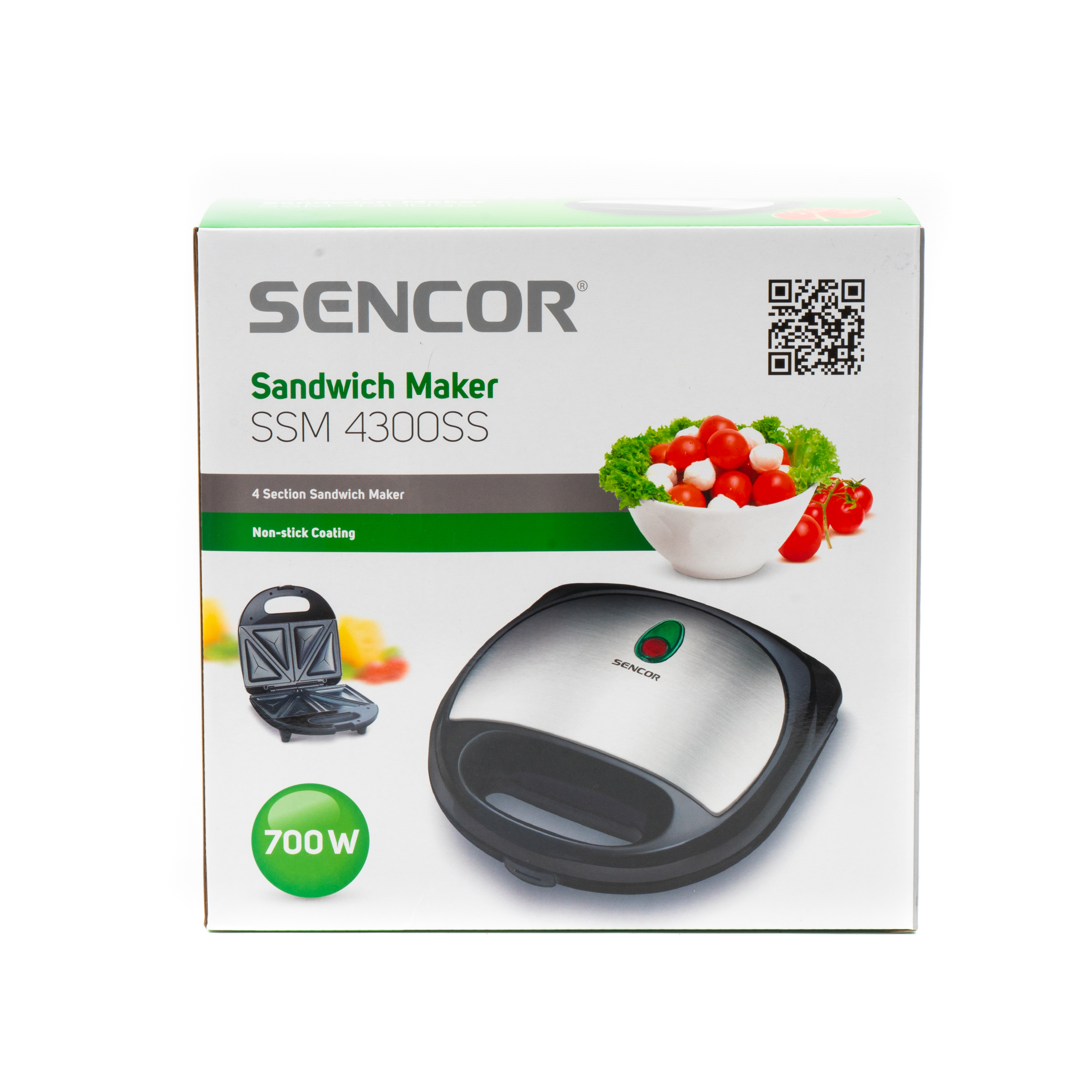 Caja de embalaje de una sandwichera Sencor SSM 4300SS, con imágenes del producto y tomates.