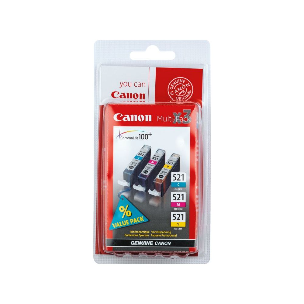 Embalaje que contiene cartuchos de tinta originales Canon 521 en multipack.