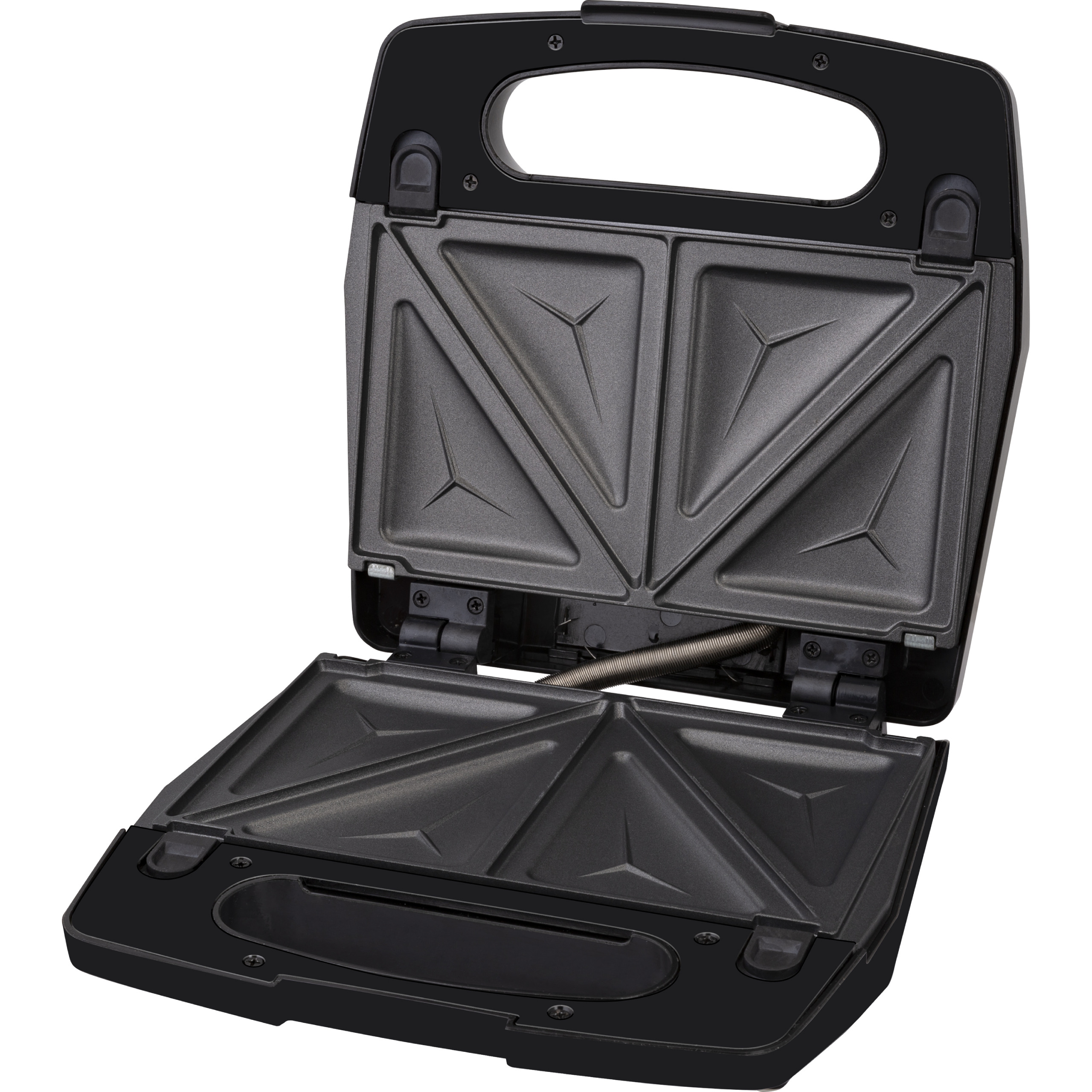 Ein offener schwarzer Sandwichtoaster mit dreieckigen Formen auf den Antihaftplatten.