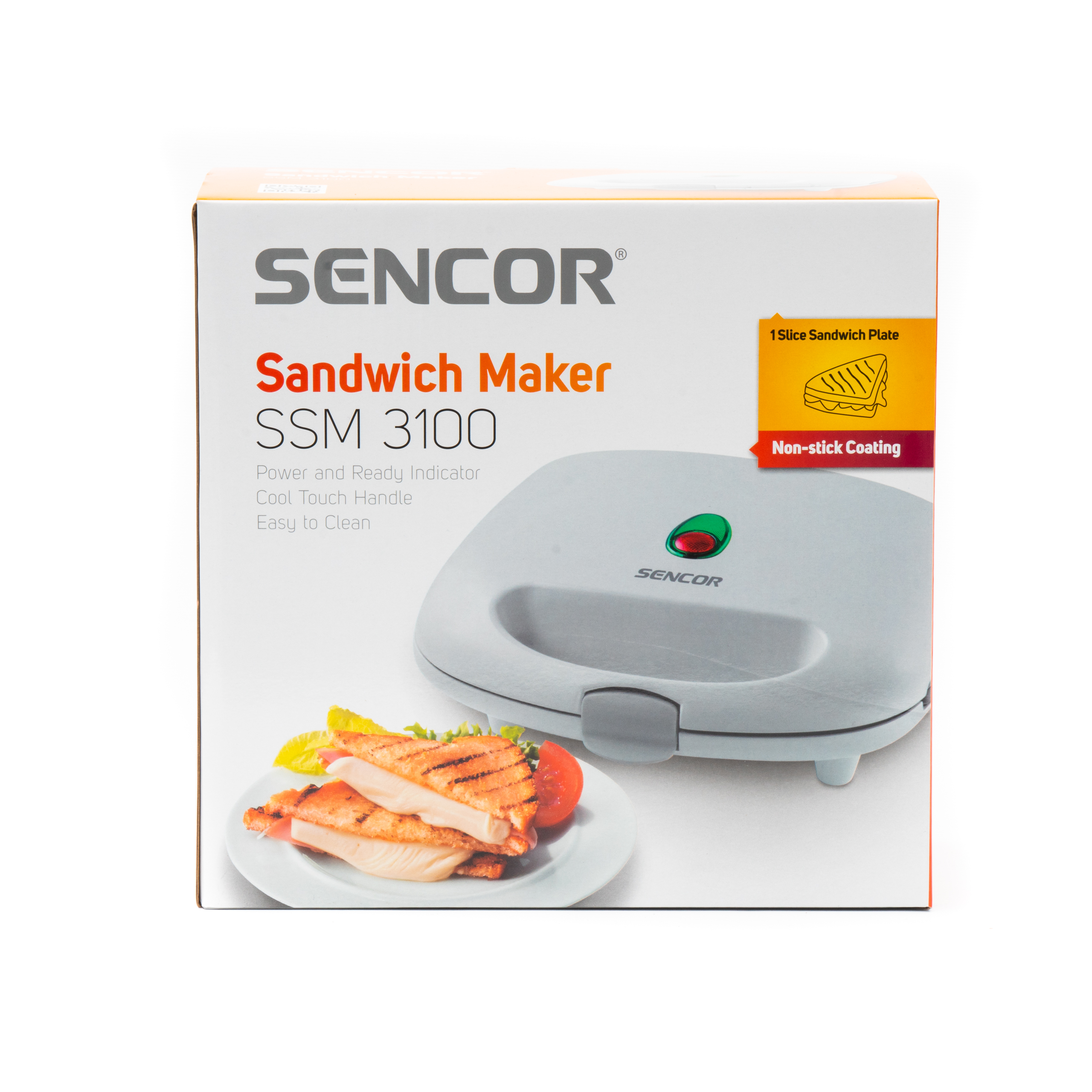Confezione di una piastra per panini Sencor bianca con immagine di toast.