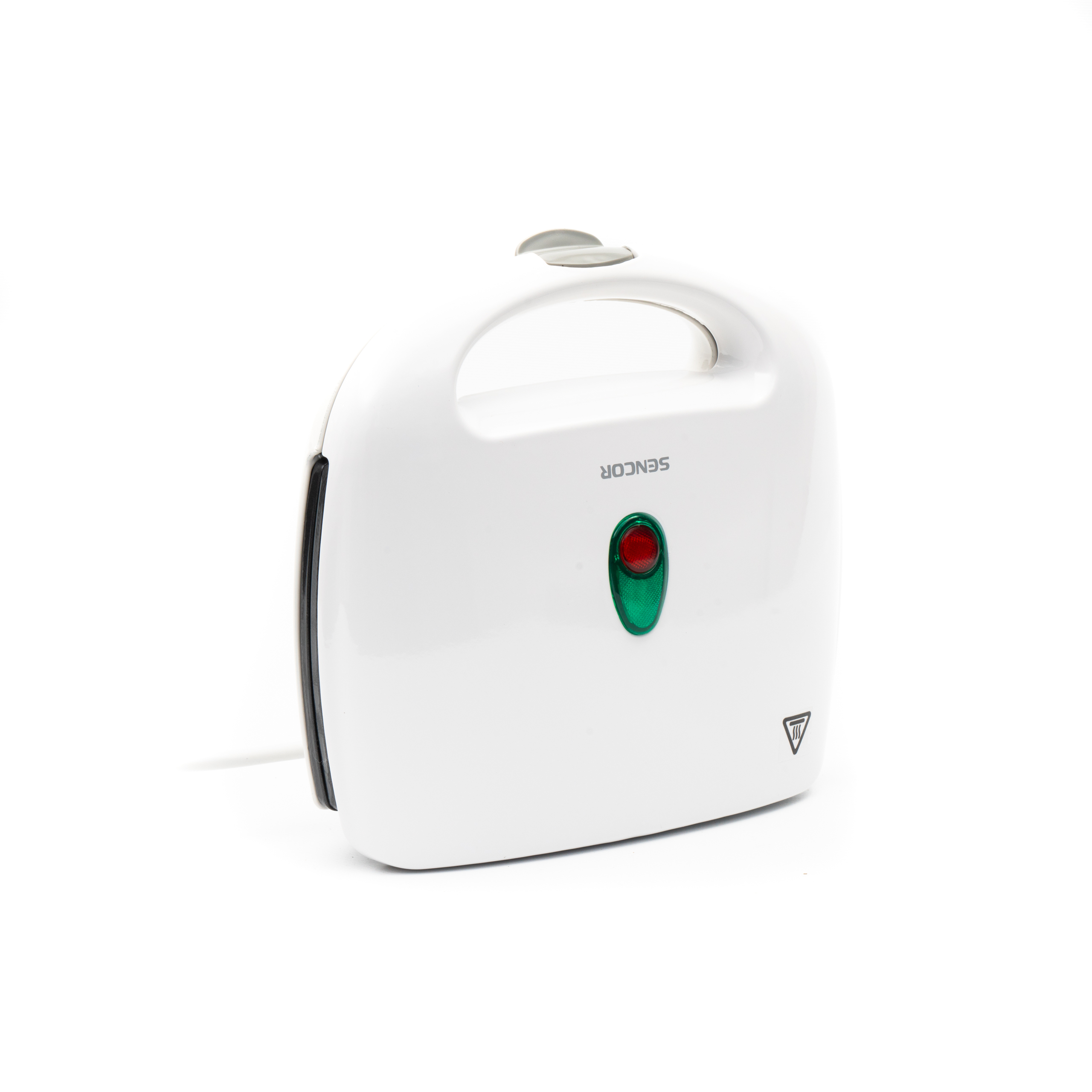 Una tostiera Sencor bianca con spia verde su sfondo bianco.