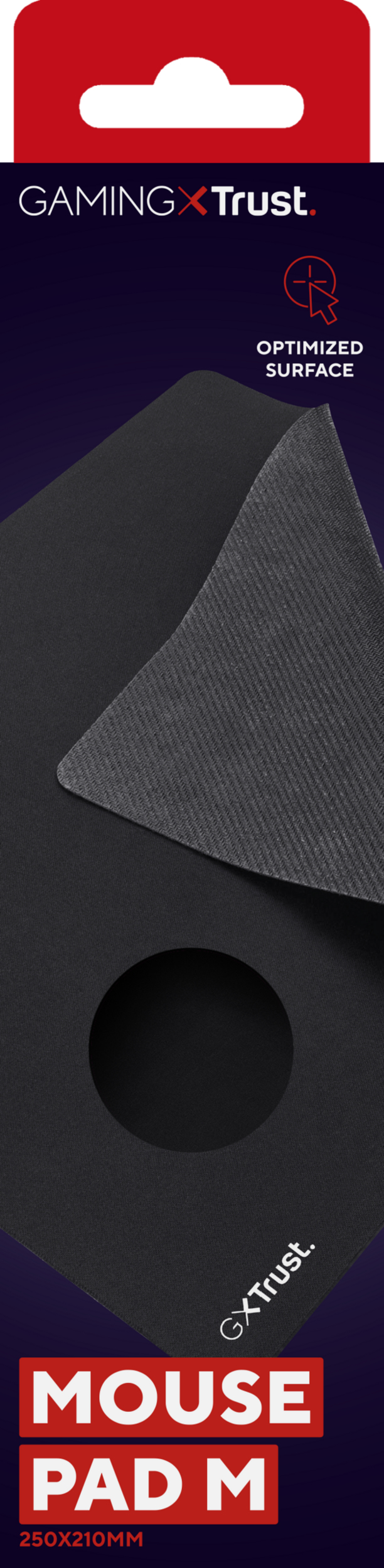 Verpackung eines schwarzen Trust Gaming Mouse Pad M mit texturierter Oberfläche und Ausschnitt.