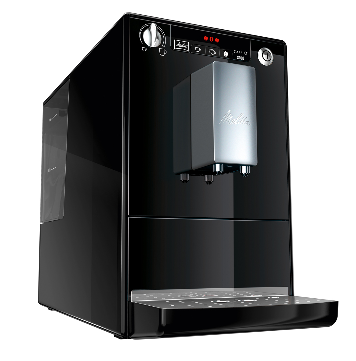 Moderna macchina da caffè Melitta Caffeo Solo nero lucido con erogatore argentato e raccogligocce.
