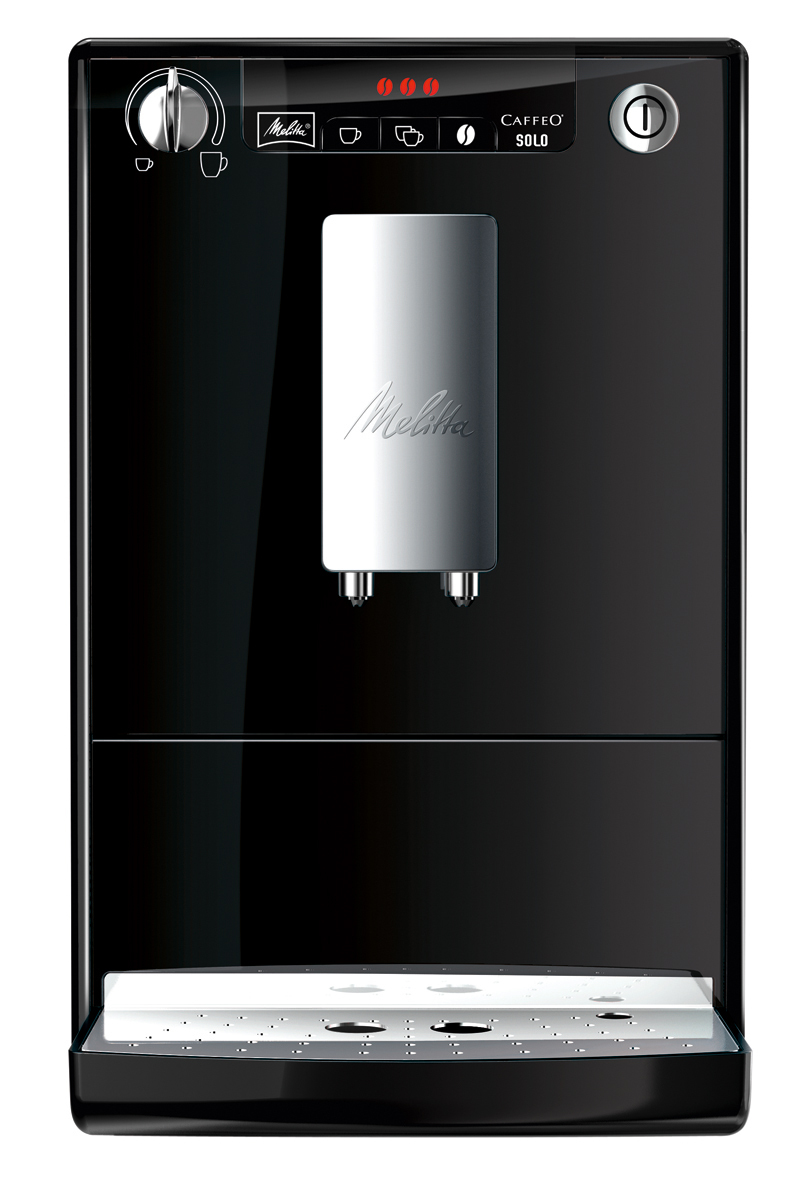 Macchina da caffè nera Melitta Caffeo Solo con beccuccio argento e raccogligocce.
