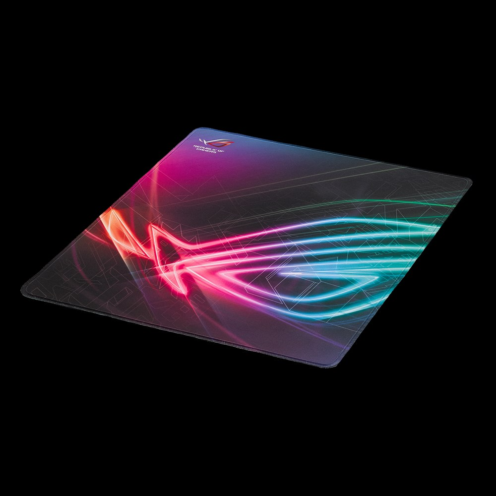 Tapis de souris de jeu noir avec design lumineux abstrait rose et bleu vif et logo ROG sur fond noir.