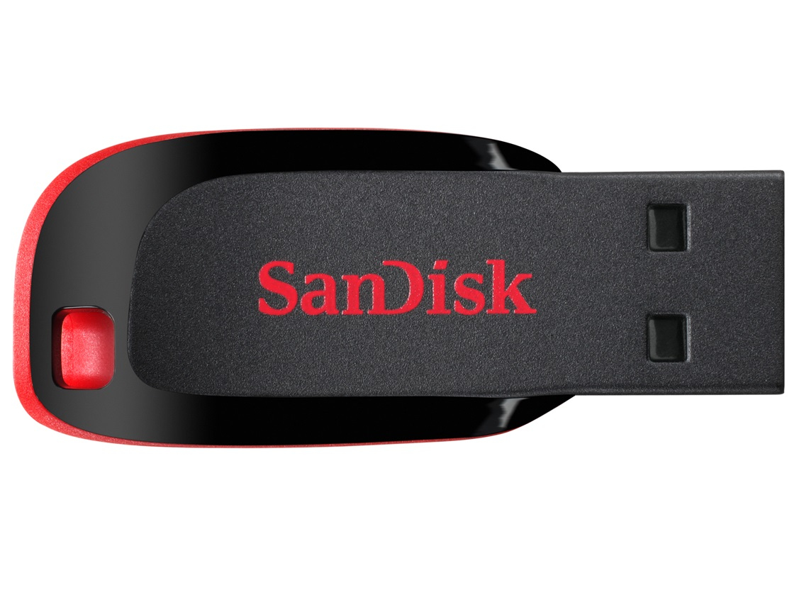 Czerwono-czarny pendrive SanDisk na białym tle.