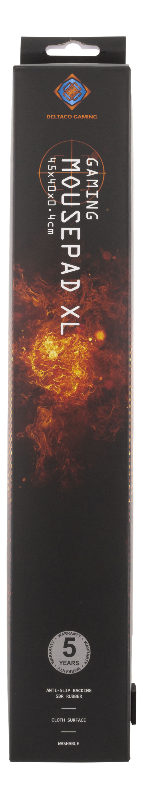 Eine schwarze Deltaco Gaming Mousepad XL Schachtel mit Feuergrafik und 5 Jahren Garantie.