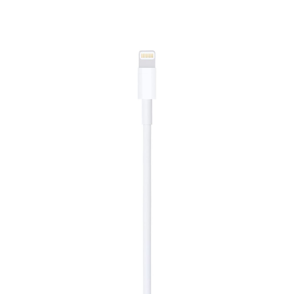 Zbliżenie białego złącza kabla ładującego Apple Lightning na jednolitym białym tle.