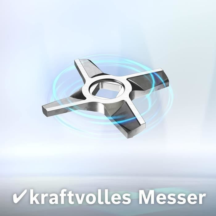 Ein vierflügliges Metallmesser mit blauen Linien auf hellem Hintergrund und dem Text kraftvolles Messer.