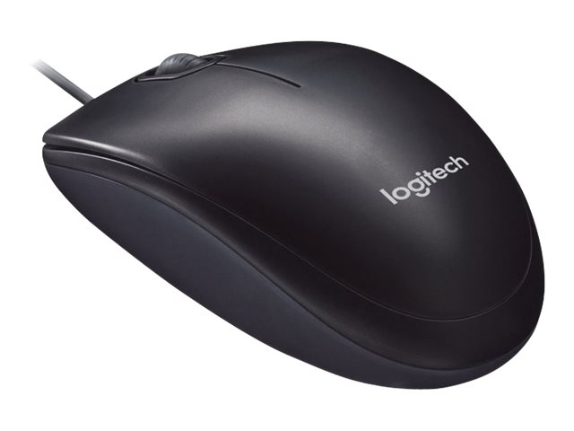 Eine schwarze kabelgebundene Logitech-Computermaus auf weißem Hintergrund.