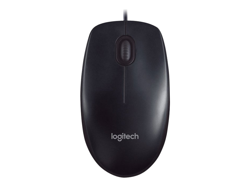 Eine schwarze kabellose Computermaus von Logitech mit Scrollrad auf weißem Hintergrund.