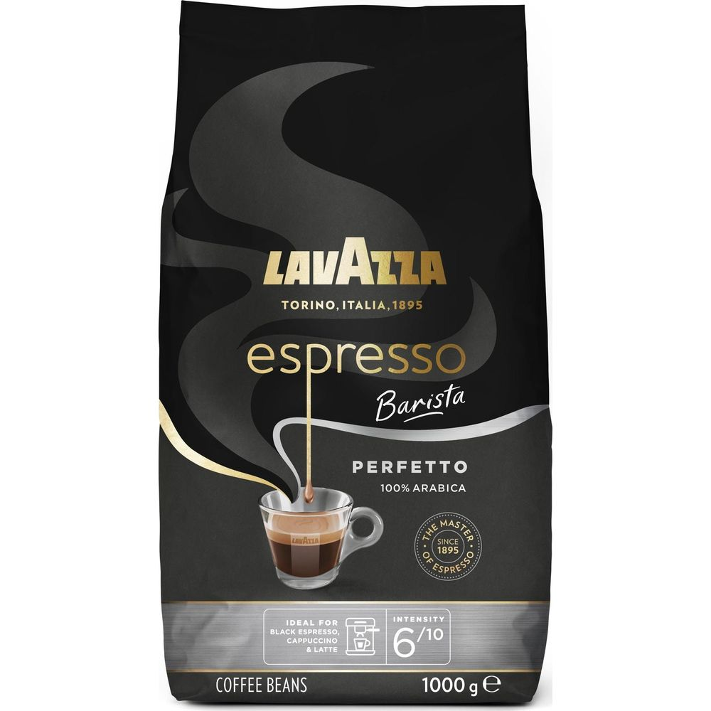 Sachet de café noir Lavazza Espresso Barista Perfetto avec une tasse d'espresso et du texte doré.