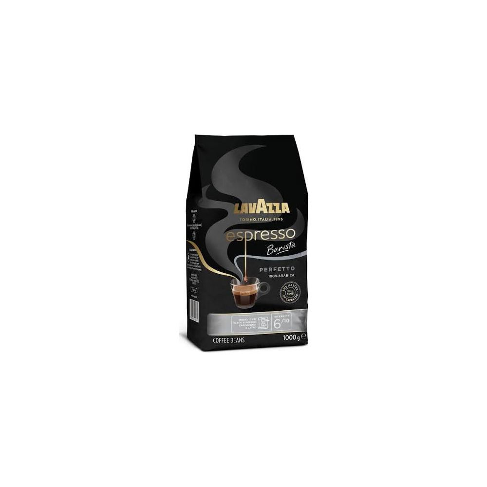 Paquet de grains de café noir Lavazza Espresso Barista avec une tasse.