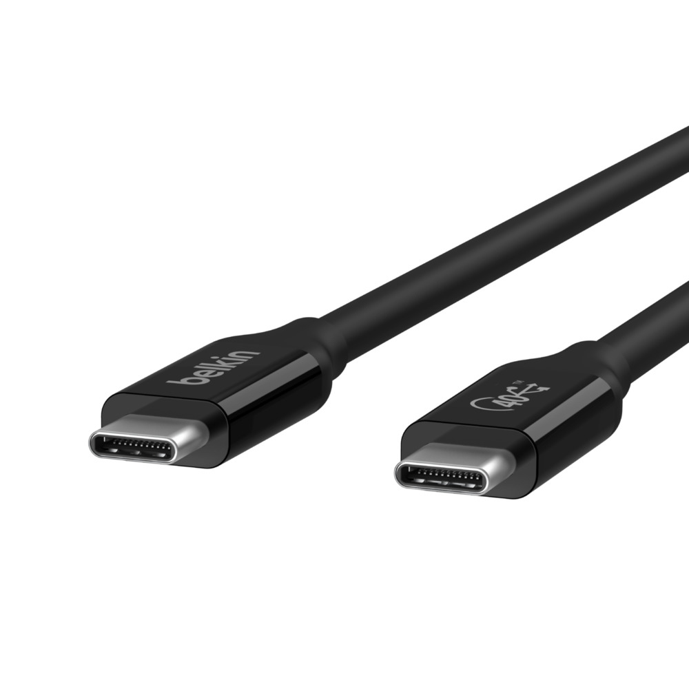 A black Belkin USB-C cable with two connectors on a white background.