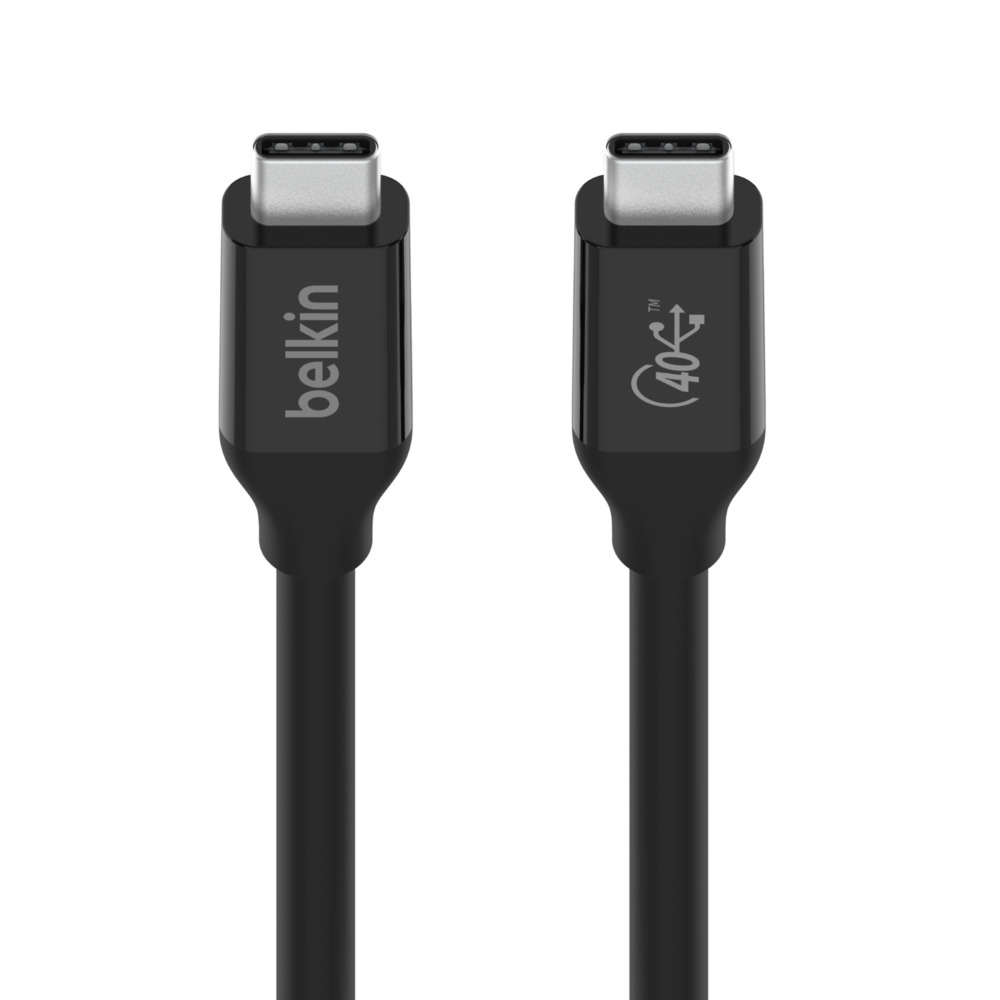 Two black Belkin USB-C cable heads with silver connectors on a white background.