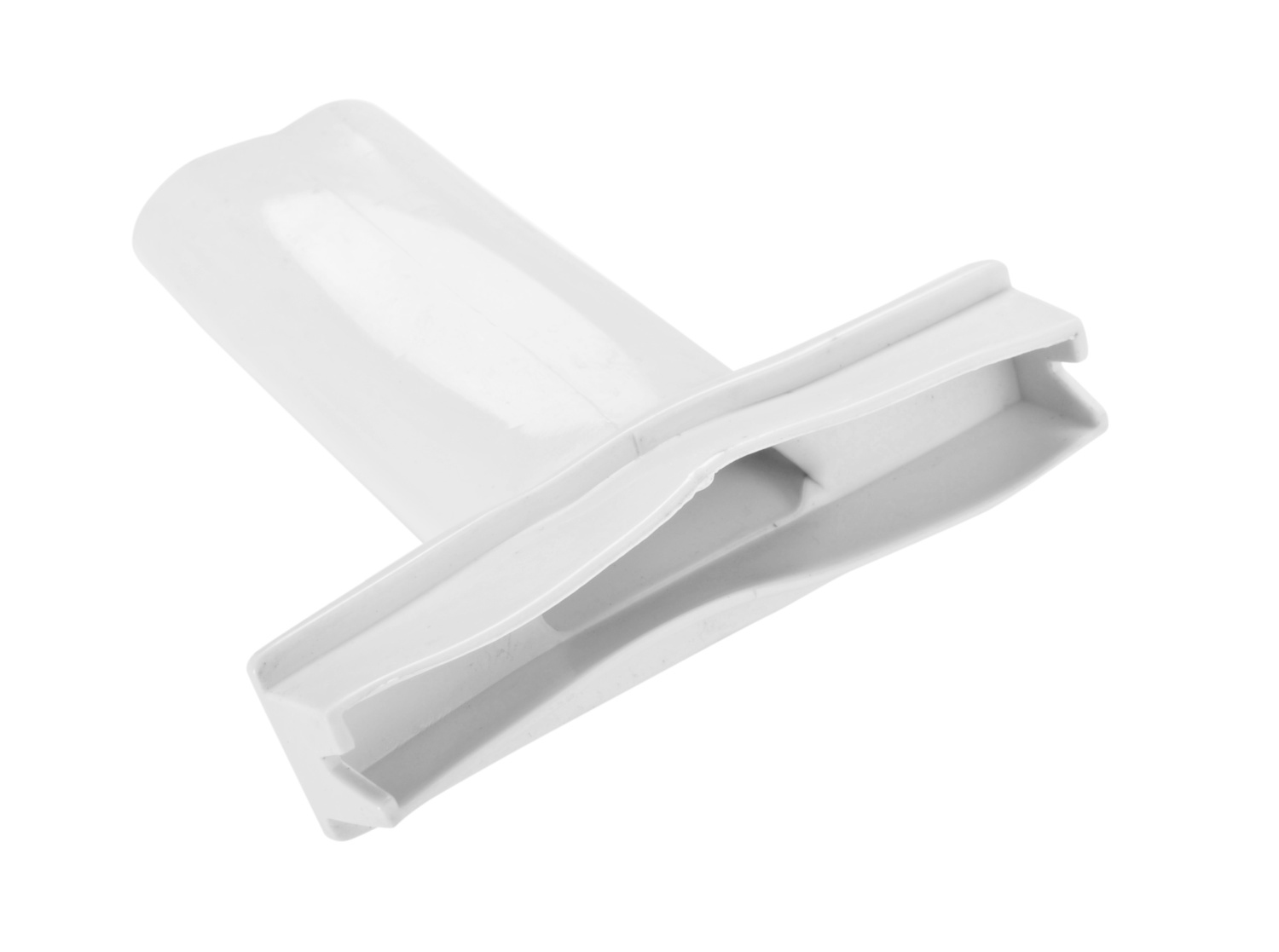 Een wit plastic opzetstuk met een brede opening tegen een witte achtergrond.